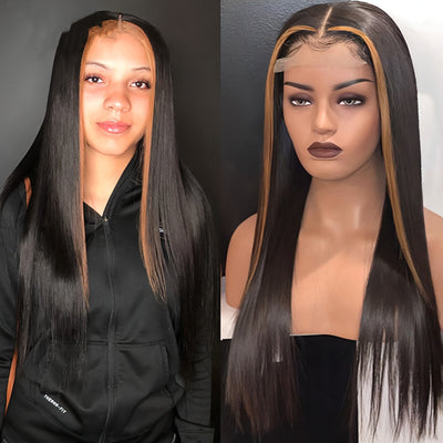 Real Hair Wig, Front Lace 13X5X1 Straight Highlight 1B 27 Hair Wigs - Girlz Girl