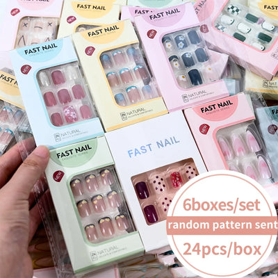 6Boxes/Set Short Square Fake Nail Love design Press On Nails Mixed Style Random Pattern Sent Full Cover Reusable False Nail Tips - Girlz Girl