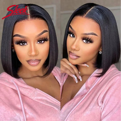 Sleek Remy Brazilian Straight Lace Bob Wigs Short Lace Part Human Hair Wigs 200% Density Cheap Nature Black Dark Human Hair Wigs - Girlz Girl