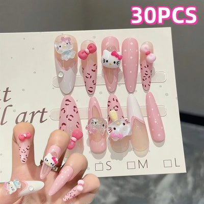 30Pcs Kawaii Sanrio Hello Kitty Fake Nails Y2K Sweet Pink Almond Nail Patches With Bow Cat Charms For Girls Press on Nails Gifts - Girlz Girl