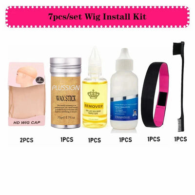 7pcs Wig Installation Kit Set Hd Wig Caps Lace Wig Glue And Remover Melt Band For Lace Frontal Wax Stick With Edge Brush - Girlz Girl