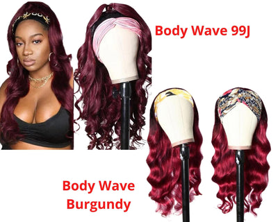 Burgundy Headband Body Wave Human Hair Wig #99J  Scarf Wig No GLUE Eas - Girlz Girl