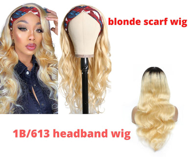 Body Wave #1B/613 Headband Human Hair Wigs For Black Women Blonde Scar - Girlz Girl