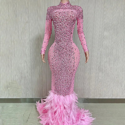 New Sparkling Wedding Dress Feather Long Dress Celebrating Luxury Costume Dancer Flash Dress Party Birthday Photography Dress - Girlz Girl